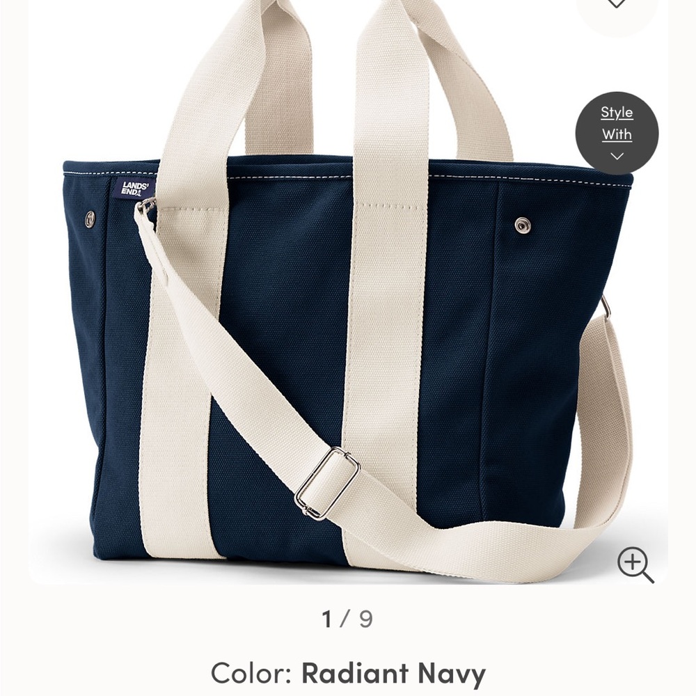 Lands' End Navy and Cream Tote Bag